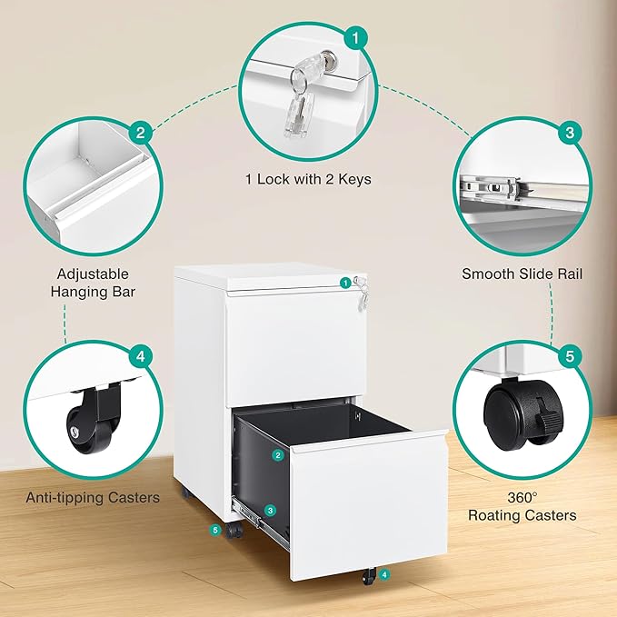 SISESOL 2 Drawer File Cabinet with Lock and Wheels,White Rolling File Cabinets,Locking Mobile Metal Filing Cabinet for Home Office,Under Desk,Fit A4/Letter/Legal File, Easy Assembly