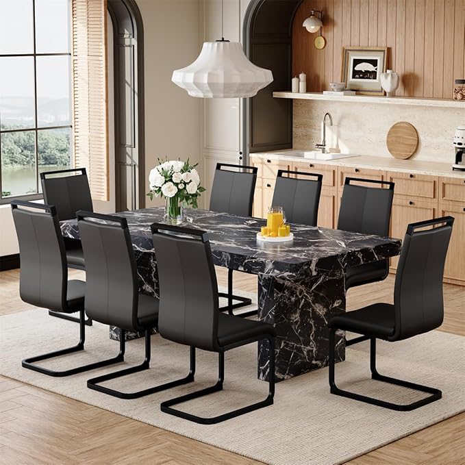 Faux Marble Black Dining Table Set for 8 (79 Inches Oversized Dining Room Table Set) (3.5'' Thick TOP)('H' Sturdy Base) Kitchen Table and PU Ergonomic Dining Chair 8 for Dining Room Living Room