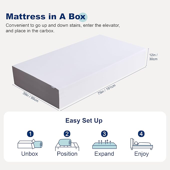 Amazon Basics Memory Foam Mattress, Soft Plush Feel, 12 Inch, Twin, White/Grey