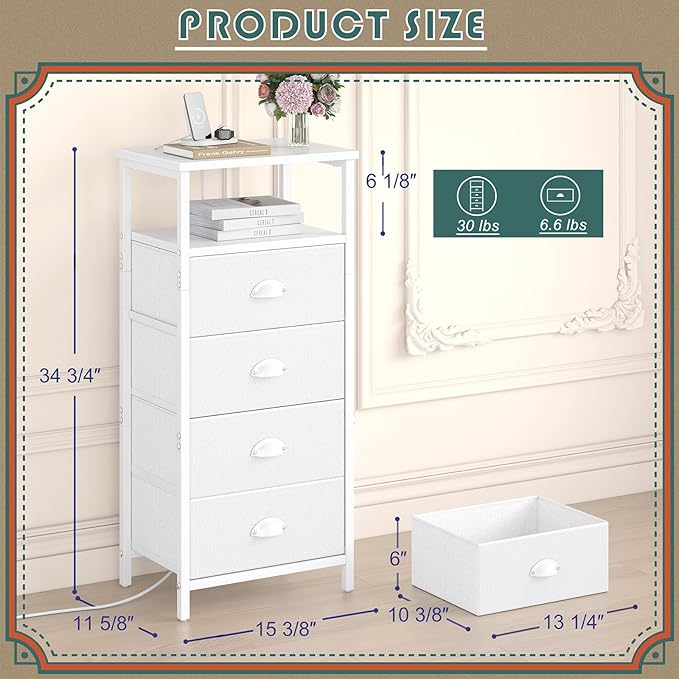 Nightstand with Charging Station,LED White Nightstand with 4 Fabric Drawers PU Finish, Bedside End Tables, 2-Tier Open Storage Shelf Side Table Nightstand with Drawers for Bedroom,White