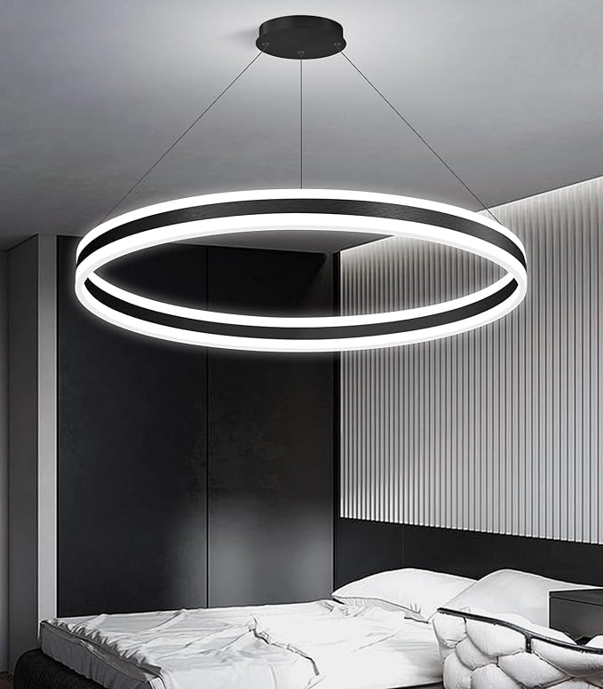 D31.5'' Modern Ring Chandelier for Dining Room LED Dimmable Pendant Lighting High Ceiling Chandelier for Living Room Foyer Bedroom Entryway 3000K-6000K Black
