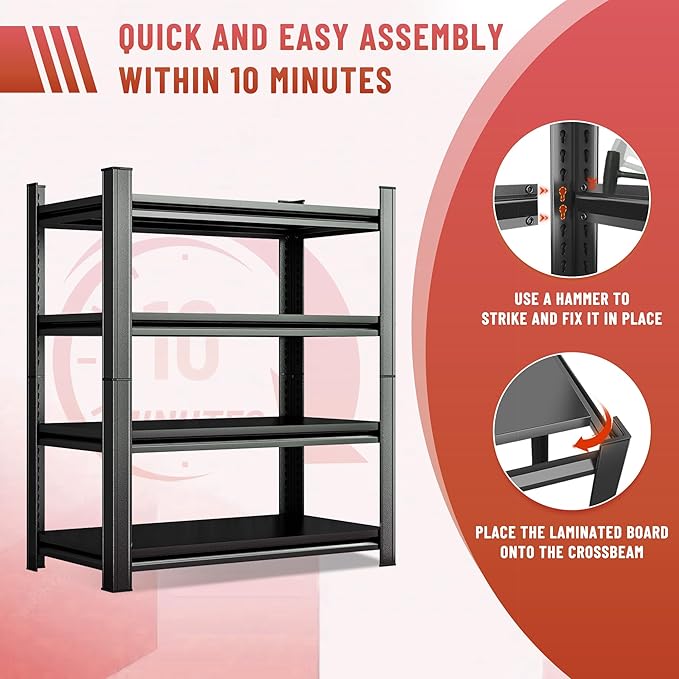 63" Tall Heavy Duty Metal Shelf Unit, 2000 lbs Capacity,Tool Free Assembly, All Steel Construction for Garage, Warehouse, Basement (Black, 39.4''W x 19.7''Dx 63" H)