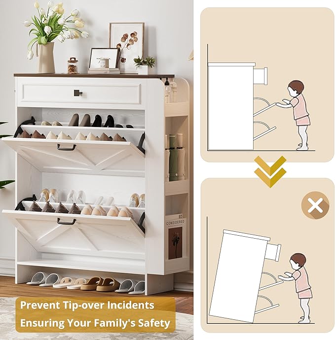 IRONCK Shoe Storage Cabinet with 2 Flip Drawers & Barn Door Design, Freestanding Shoe Cabinet Organizer with Drawer and Shelves for Entryway, Farmhouse Shoe Rack Cabinet, White/Walnut