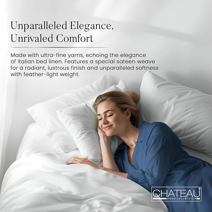 CHATEAU HOME COLLECTION 100% Cotton Sheets Queen Size Set - Certified 1000 Thread Count Breathable Soft & Comfy Sateen Weave, Machine Washable, 15" Deep Pocket Queen Sheet Set - White Sheets