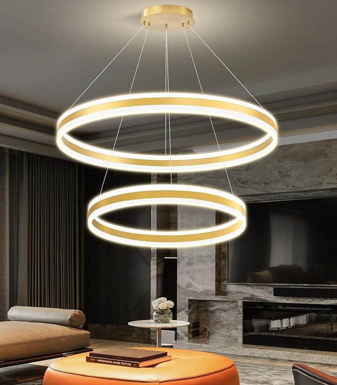 D23.6''+31.5'' Modern Ring Chandelier for Dining Room LED Dimmable Pendant Lighting High Ceiling Chandelier for Living Room Foyer Bedroom Entryway 3000K-6000K Gold