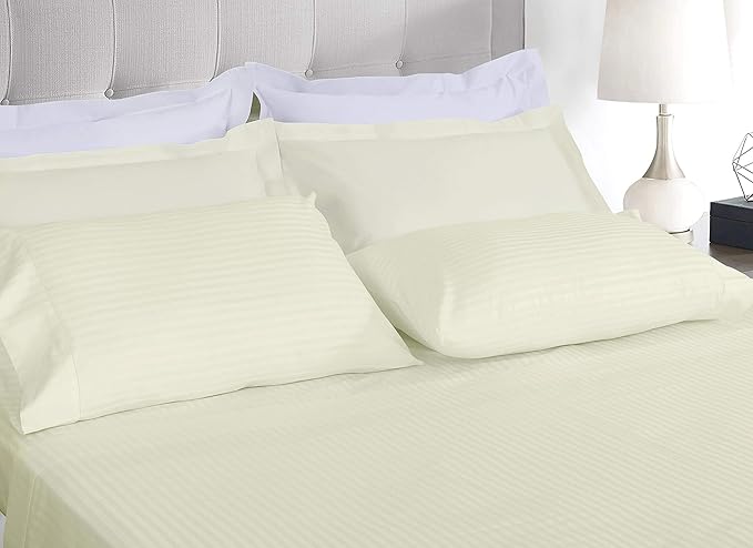 Threadmill 100% Cotton Sheets for King Size Bed - 600 Thread Count King Bed Sheets Set with 16” Deep Pocket - Damask Stripe Sateen Weave 4-Piece Bedding Set with Cooling Effect, Ivory