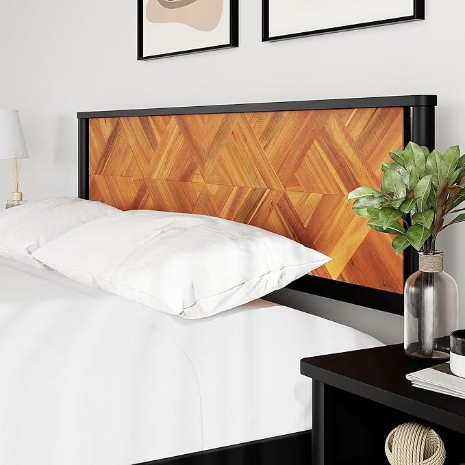 Lenia King Bed Frame with 2 Matching Nightstands – Modern Wood Platform Bed Set, Chevron Diamond Design, No Box Spring Needed, Slatted Support (Teak Brown, King)