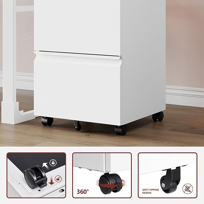 2 Drawer File Cabinet，Mobile Filing Cabinet with Lock and Wheels，Fully Assembled Metal Under Desk File Cabinets for A4/Letter/Legal Size（White