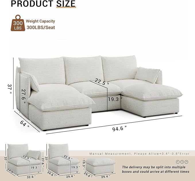 Cloud Sectional Couches for Living Room, Convertible Cloud Sofa Spill & Stain-Resistant with Removable Washable Cover & Down Feather Filled Cushions, 3 Seater Modular Sectional Sofa with Ottoman