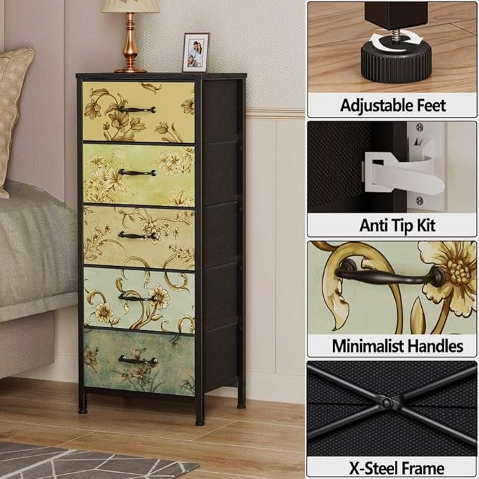 Furnulem Vertical Dresser for Bedroom, Tall Skinny Storage Tower with 5 Fabric Drawers, Chest of Drawers for Living Room, Dorm, Entryway, Vintage Furniture, Wood Top