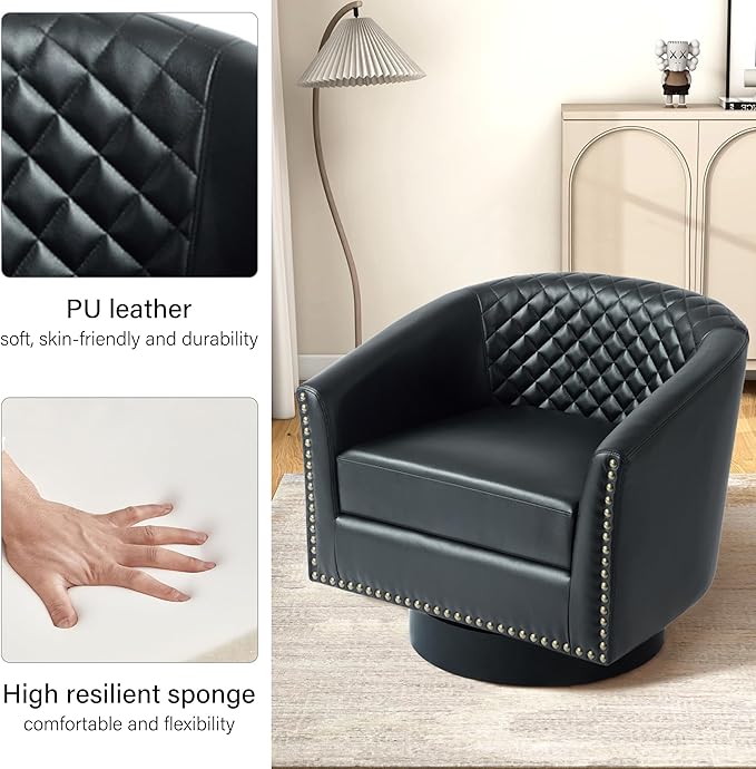 Swivel Barrel Accent Chair, Comfy Modern Upholstered Round Faux Leather Arm Chair for Living Room, Bedroom（Black, Set of 2