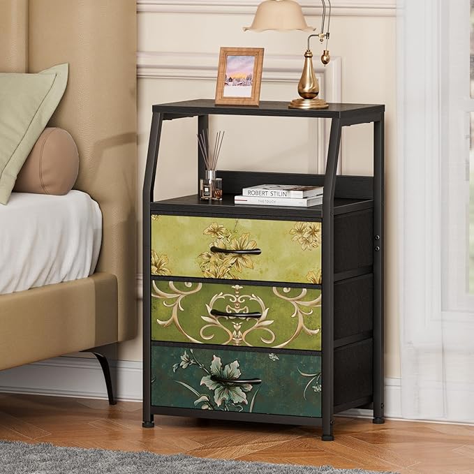 Furnulem Retro Night Stand with 3 Drawers and 2-Tier Shelf, Small Nightstand Side Table, Vintage Storage Dresser for Bedroom, Fabric Drawer Organizer for Closet, Beside Furniture