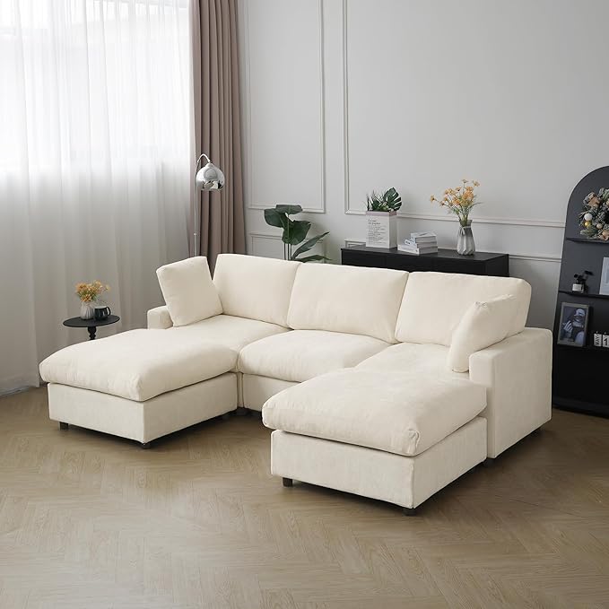 JACH U Shape Sectional Couches for Living Room, Convertible Modular Sofa with Ottomans, Cloud Sectional Couch, Sofa Covers Washable, Minimalist Couch for Living Room, Apartment, Beige