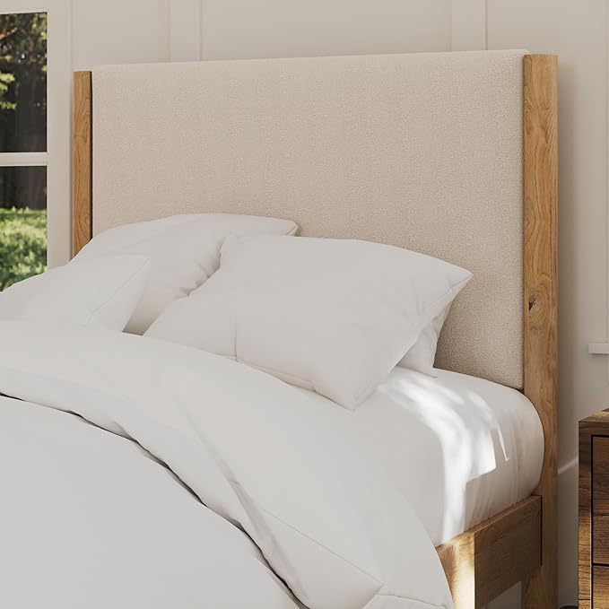 DG Casa Reign Boucle Mid-Century Modern Twin Size Wooden Platform Bed Frame - Upholstered in Taupe Boucle - Solid Wood with Natural Finish