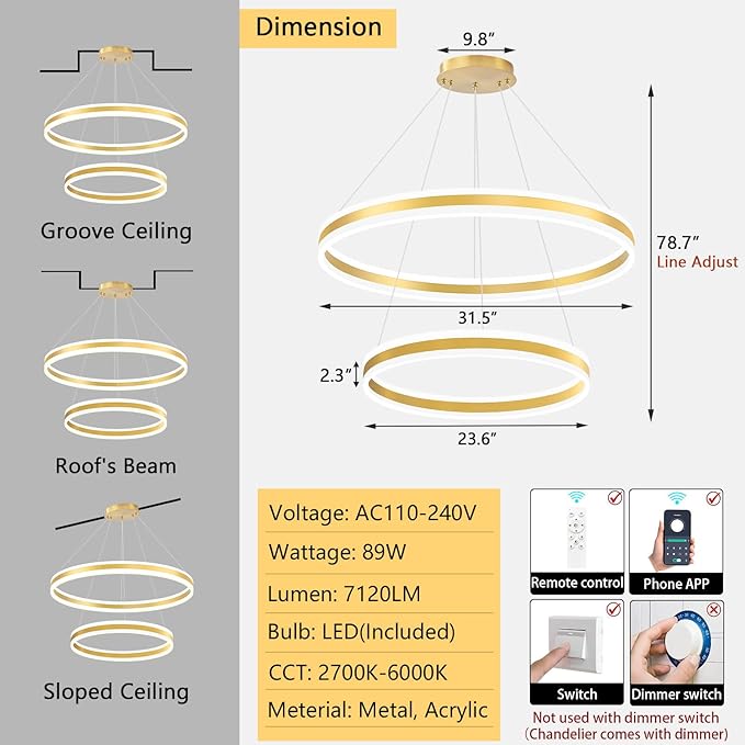 D23.6''+31.5'' Modern Ring Chandelier for Dining Room LED Dimmable Pendant Lighting High Ceiling Chandelier for Living Room Foyer Bedroom Entryway 3000K-6000K Gold