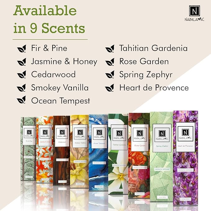 Nabila K Spring Zephyr Reed Diffuser Set – Light & Airy Aromatic Oil for Home – Long-Lasting, Smokeless Scent – Made in USA – Includes Reeds + Bottle – Flameless Candle Alternative