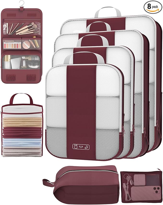 8 Set Compression Packing Cubes for Travel Essentials,Compressible Expandable Packing Cubes for Suitcase,OlarHike Luggage Organizer Bags for Travel,Handy Helper for Organizing Clothes(Wine Red)