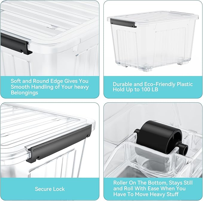 Nazhura 72 Quart Plastic Storage Bin, Stackable and Nestable Storage Boxes with Clear Lids and Secure Latching Buckles, Large Storage Container (Clear, 72Quart-4Pack)