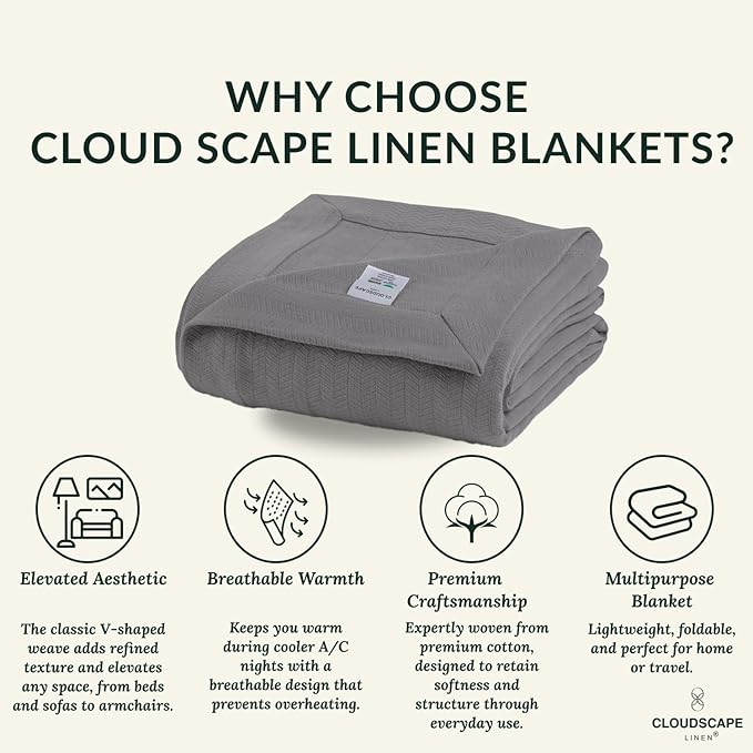 Cloud Scape Linen 100% Cotton Blanket King Size for Bed – Lightweight All Season Blanket, Herringbone Weave, for Women, Mom, Men, fits California King, 92x108, Dark Grey