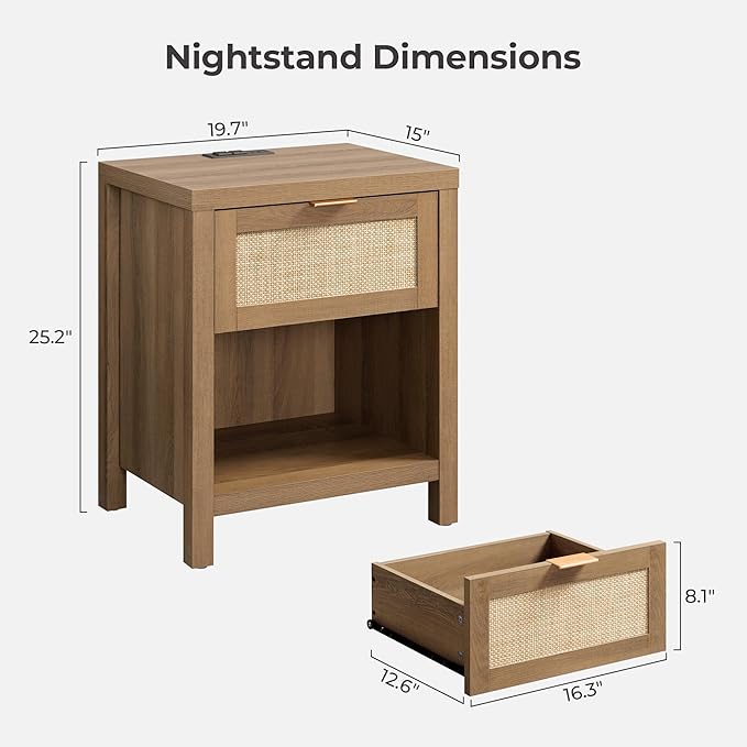 SICOTAS Rattan Nightstands Set of 2 - Farmhouse Night Stand with Drawer and Storage Shelf - Boho Bedside Table End Side Table for Bedroom, Oak