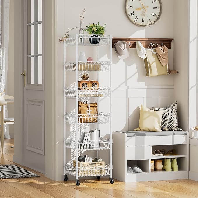 SINGAYE Shelf 6 Tier Wire Shelving Unit with Wheels Baskets Storage Rack Corner Shelves Adjustable Closet Bathroom Organizers Metal Pantry Kitchen Garage Laundry Room 13.5" D x 13.5" W x 63" H White