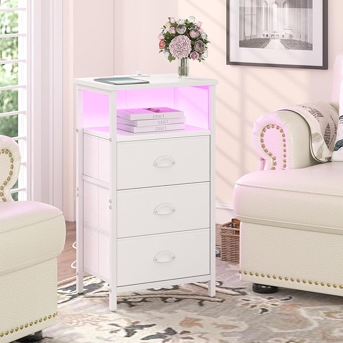 Nightstand with Charging Station,LED White Nightstand with 3 Fabric Drawers PU Finish, Bedside End Tables, 2-Tier Open Storage Shelf Side Table Nightstand with Drawers for Bedroom,White