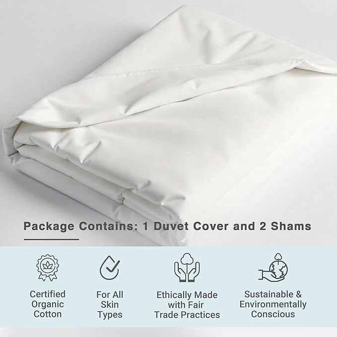 Fabdreams GOTS Certified 100% Organic Cotton Duvet Cover King Size - 400 TC Sateen - Soft - Silky - Zipper Closure - Edge Ties - 1 Duvet Cover (106"x92") + 2 Pillow Shams (20"x36") - Ivory, 3 Piece
