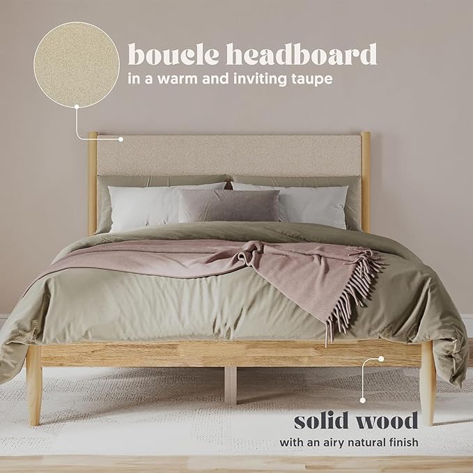 DG Casa Reign Boucle Mid-Century Modern Full Size Wooden Platform Bed Frame - Upholstered in Taupe Boucle - Solid Wood with Natural Finish