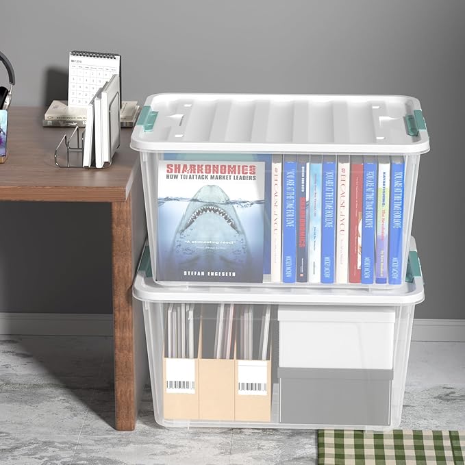 Zopnny 2-Pack Large Latching Box, 85 Quart Plastic Storage Bin with Lid, Stackable Totes w/Wheels, Clear