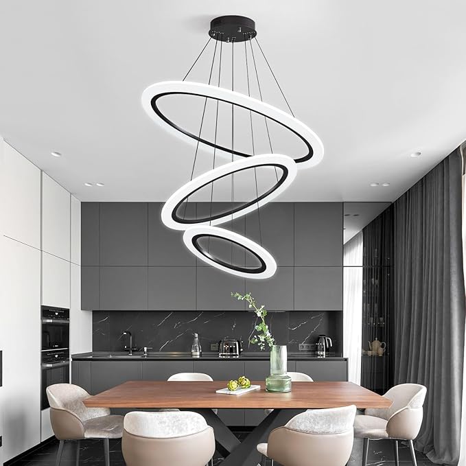 Modern LED Chandelier, 3 Ring Chandelier for Dining Room Living Room Pendant Lighting Fixture High Ceiling Hanging LED Pendant Ceiling Light Fixture for Bedroom Foyer （Black）