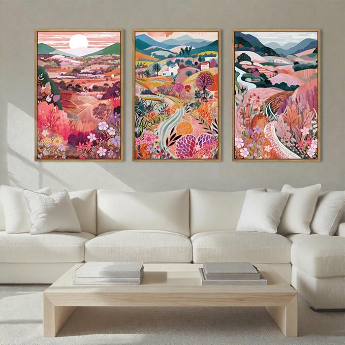 Anyzal Large Colorful Mountain Floral Wall Art Framed Pink Nature Landscape Painting Sunset Scenery Wall Decor for Living Room Bedroom Office 16x24 Inch Set of 3