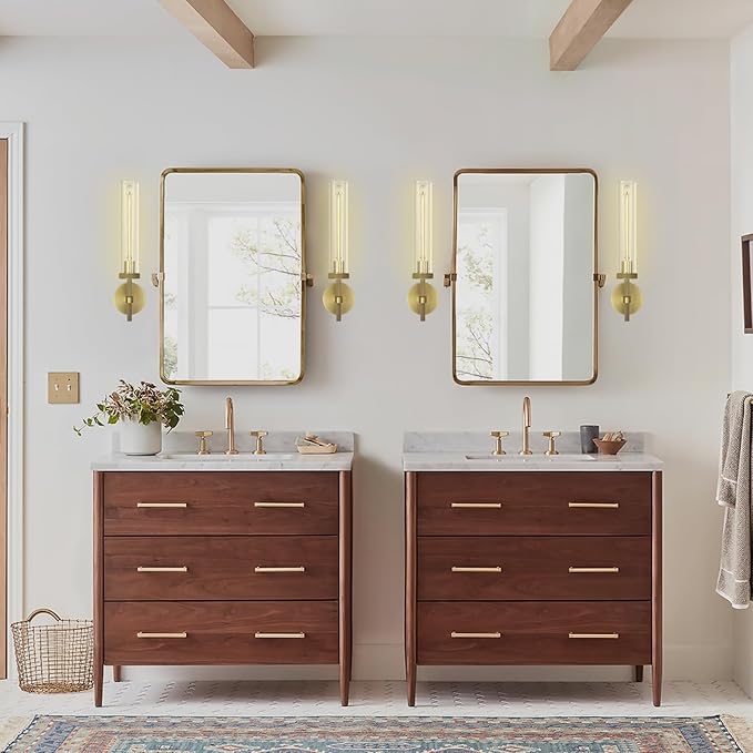 Modern Brass Wall Sconces, Glass Tube Sconces, Gold Bathroom Vanity Light Fixtures, Indoor Wall Sconces for Living Room Bedroom Hallway Kitchen Bathroom Mirror(Including Bulb)