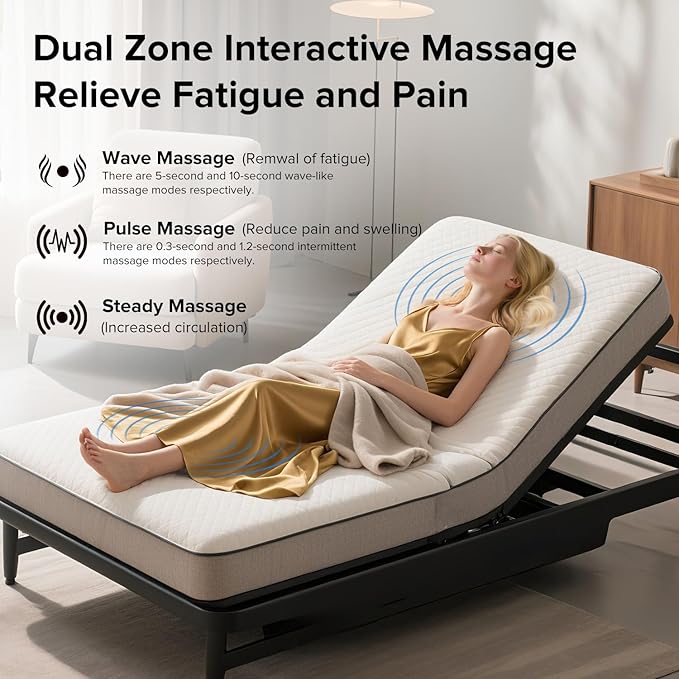 KEIKI Twin XL Adjustable Bed Frame with Remote Control, Massage Function, USB Charging Ports & LED Night Light – 4 Height-Adjustable Legs – Compatible with Adjustable Base – Black