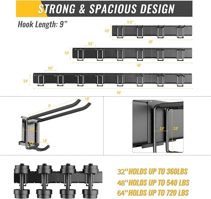 Garage Tool Rack Wall Mount – 48 inches Heavy-Duty Garden Tool Holder with 6 Adjustable Hanging Hooks – Garage Wall Storage Organizer for Shovel, Rake – Max Load 540 lbs (48 inch)