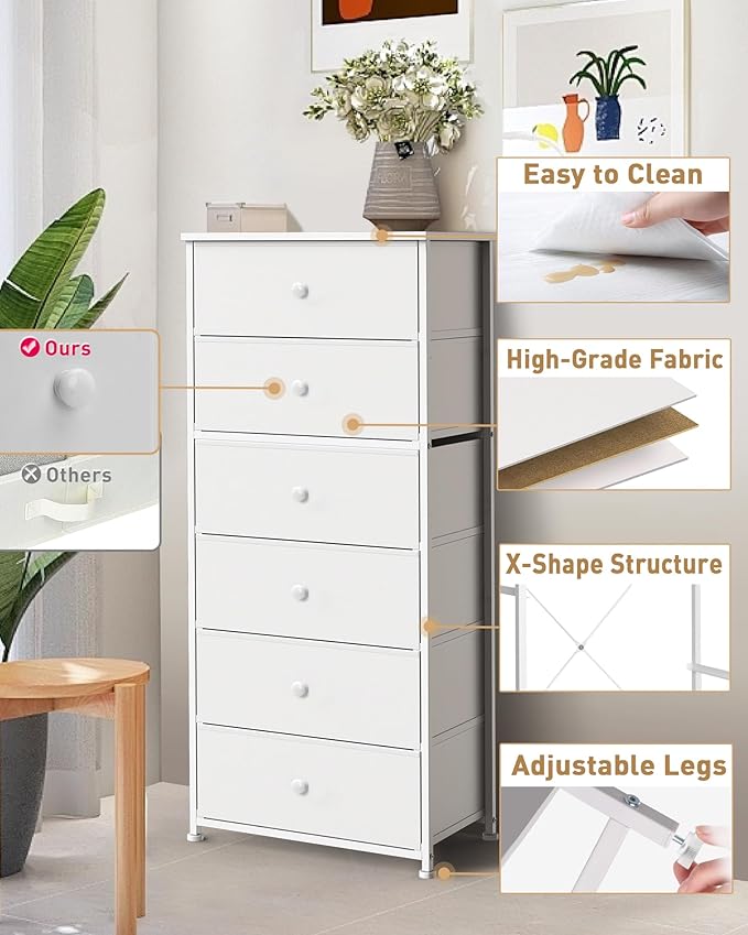 Tall Fabric Dresser for Bedroom, Vertical Storage Organizer Tower with 6 Drawers, Chest of Drawers with Bins, Steel Frame, Wood Top for Bedroom, Closet, Entryway White