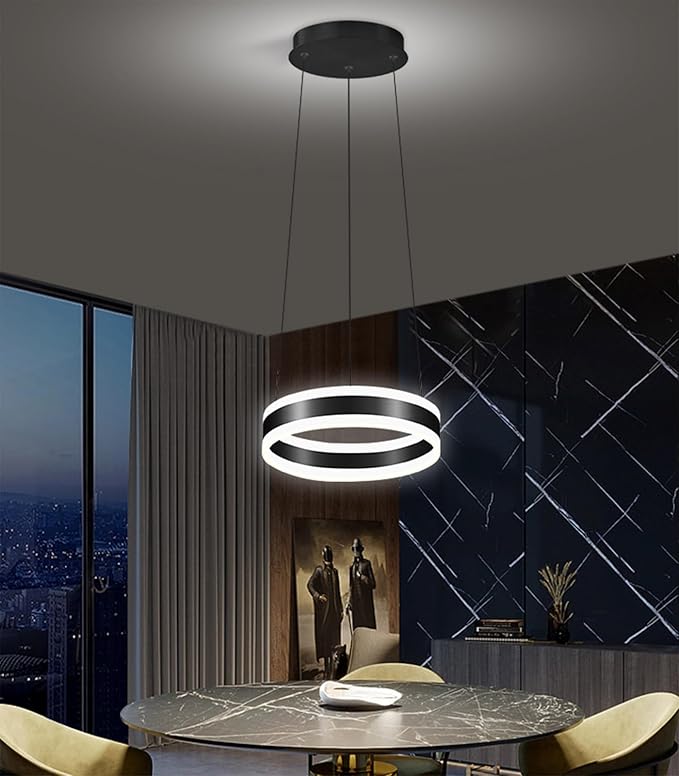 D7.8'' Modern Ring Chandelier for Dining Room LED Dimmable Pendant Lighting High Ceiling Chandelier for Living Room Foyer Bedroom Entryway 3000K-6000K Black