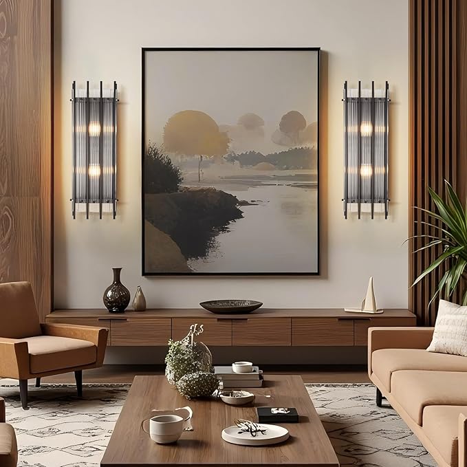 Modern Black Wall Sconce,25in Grand Rectangular Ribbed Glass Wall Sconces,Indoor Hardwired Wall Sconces for Large Spaces,for Living Room,Hallway,Stairway Sconces Wall Lighting,Included E12 Bulbs