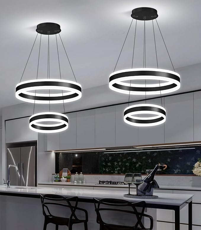 D7.8''+15.7'' Modern Ring Chandelier for Dining Room LED Dimmable Pendant Lighting for Living Room Foyer Bedroom Entryway 3000K-6000K Black