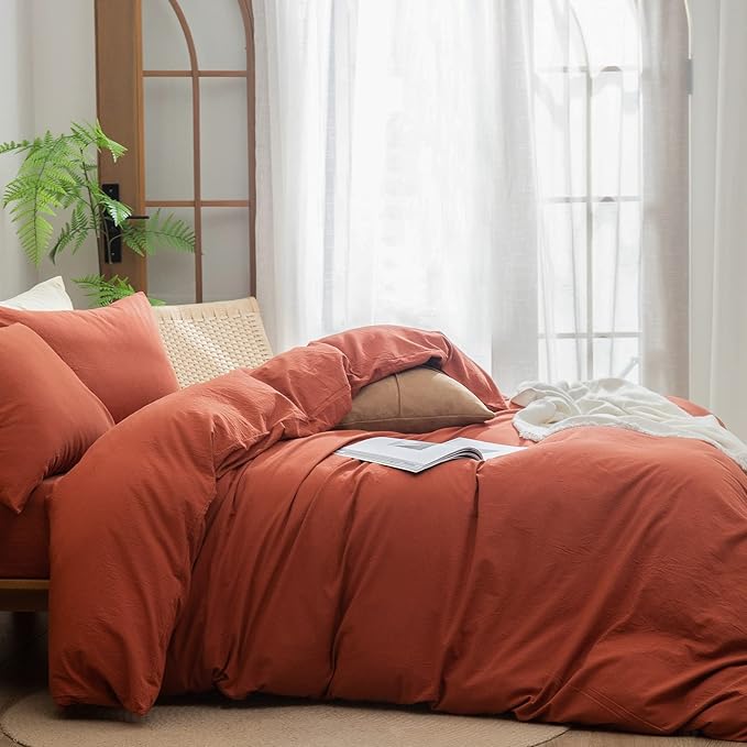 BESTOUCH Duvet Cover Set 100% Washed Cotton Linen Feel Super Soft Comfortable Chic Lightweight 2 PCs Home Bedding Set Solid Burnt Brick Red Twin/Twin XL