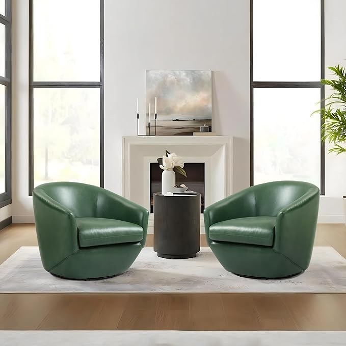 Swivel Barrel Accent Chair, Modern Round Faux Leather Arm Chair for Living Room, Bedroom, Comfy Club Reading Chairs for Adults(Faux Leather, Green, Set of 2)