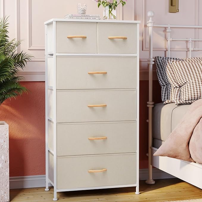 Crestlive Products Dresser for Bedroom Tall Skinny Dresser Storage Tower - Sturdy Steel Frame, Wood Top, Fabric Bins, Wood Handles - Organizer Unit for Entryway, Hallway, Closets - 6 Drawers (Beige)