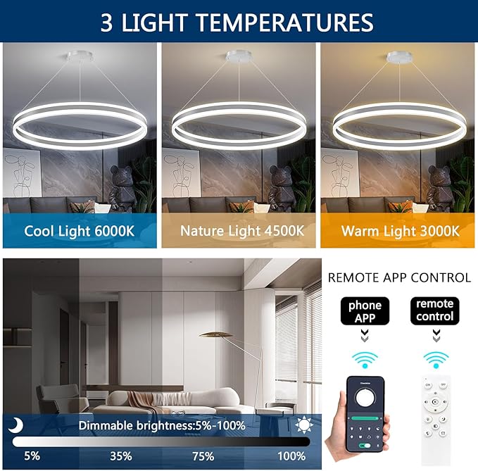 D31.5'' Modern Ring Chandelier for Dining Room LED Dimmable Pendant Lighting High Ceiling Chandelier for Living Room Foyer Bedroom Entryway 3000K-6000K Silver