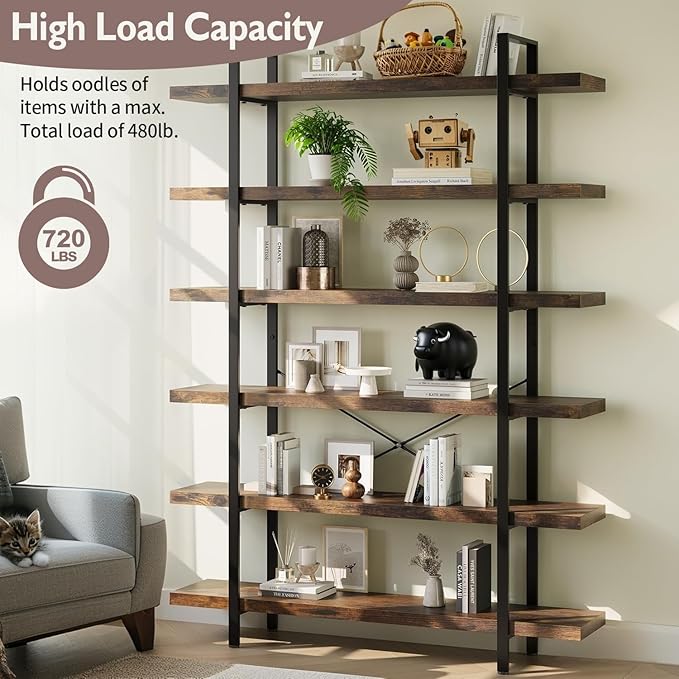 6-Tier Industrial Bookcase, 47 Inch Wide Wood Bookshelf, 120lbs Shelf Capacity, Rustic Open Shelving Heavy Duty Display with Reinforced Horizontal Brown Shelves for Living Room Bedroom Office -2Pcs