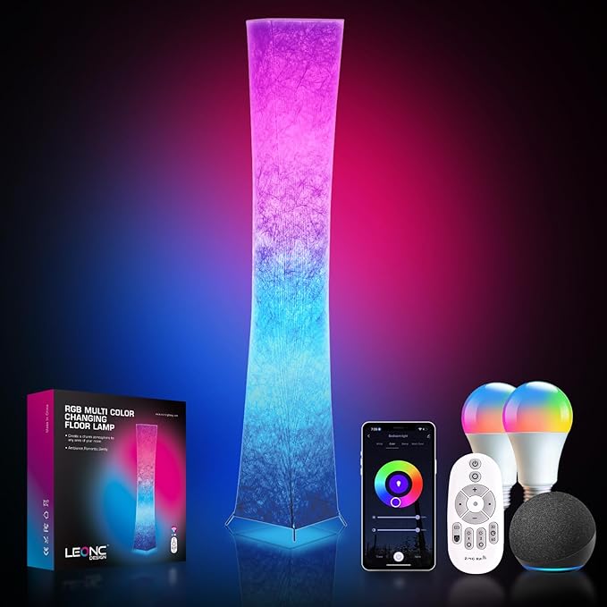 LEONC RGB Floor Lamp with Remote, 1800lm LED Tuya Smart 9W×2 Bulbs, 65" Smart Modern Floor Lamp with Alexa, Music Sync and 16 Million DIY Colors, Color Changing Standing Lamp for Bedroom Living Room