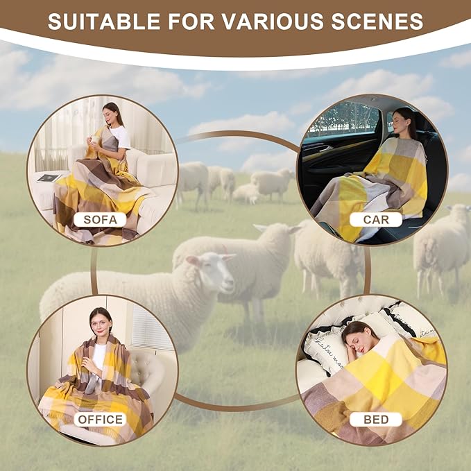 Yellow Gingham Throw Blanket for Couch,100% Wool Throw Blanket for Home Decor, Soft Lightweight Cozy All Season Decorative Vintage Blankets for Travel,Bed, Sofa, Chair, Outdoor 55'' x 83''/2LBS