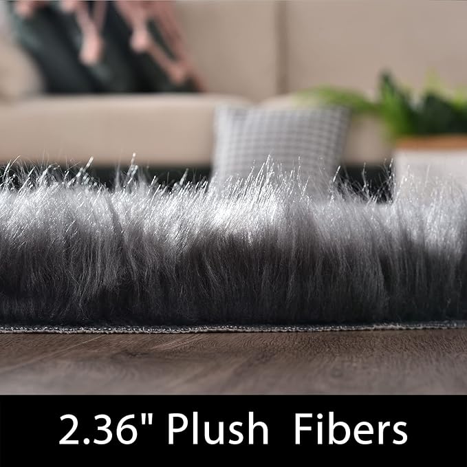 Latepis Dark Grey Faux Sheepskin Fur 2x8 Runner Rug for Hallway Non-Slip Furry Rug for Living Room Carpet for Home Decor Rectangle