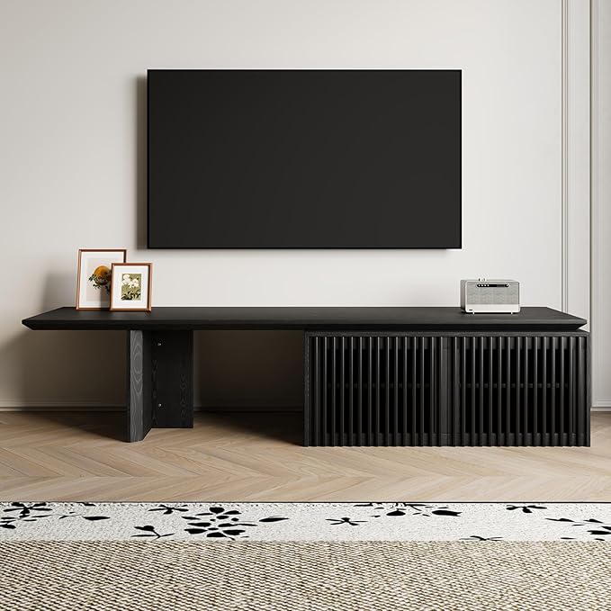 Modern TV Stand, Entertainment Center with Storage, Extendable TV Media Console for Up to 55+ Inch, Minimalist Television Cabinet for Living Room/Bedroom - Black (78.7"-110" Extendable)