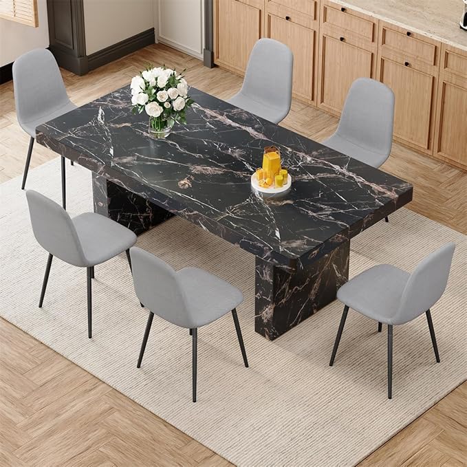 Faux Marble Dining Table Set for 6 (79 Inches Oversized Dining Room Table Set) (3.5'' Thick TOP) ('H' Sturdy Base) Kitchen Table and Ergonomic Dining Chair 6 for Dining Room Living Room, Black