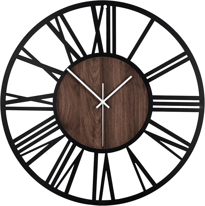 LEIKE Large Wall Clocks for Living Room,Silent,Non Ticking,Battery Operated Oversized Vintage Round Modern Wood Wall Clock for Bedroom,Farmhouse,Office Home Decor-24 Inch(Black-Roman Numerals)