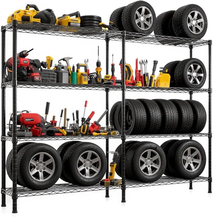 VINGLI 58" W Storage Shelves 1220LBS Heavy Duty Metal Shelving, Upgraded 4 Tier Garage Shelving Unit, Adjustable Wire Shelf for Storage Rack Commercial Pantry Shelf Organizer, 58" W × 13.8" D × 59" H